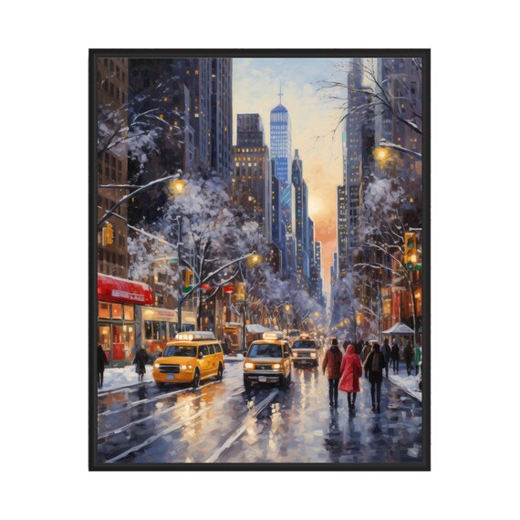 Snowy New York City Street Scene Yellow Taxis Winter Evening Poster