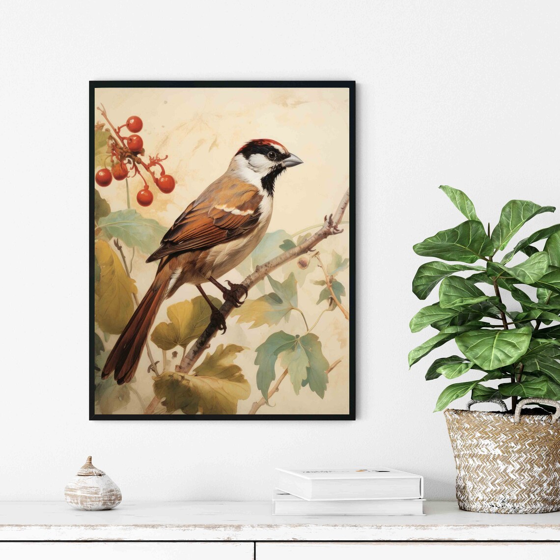 Eurasian Tree Sparrow on Autumn Branch Vintage Ornithology Art Poster - Image 3
