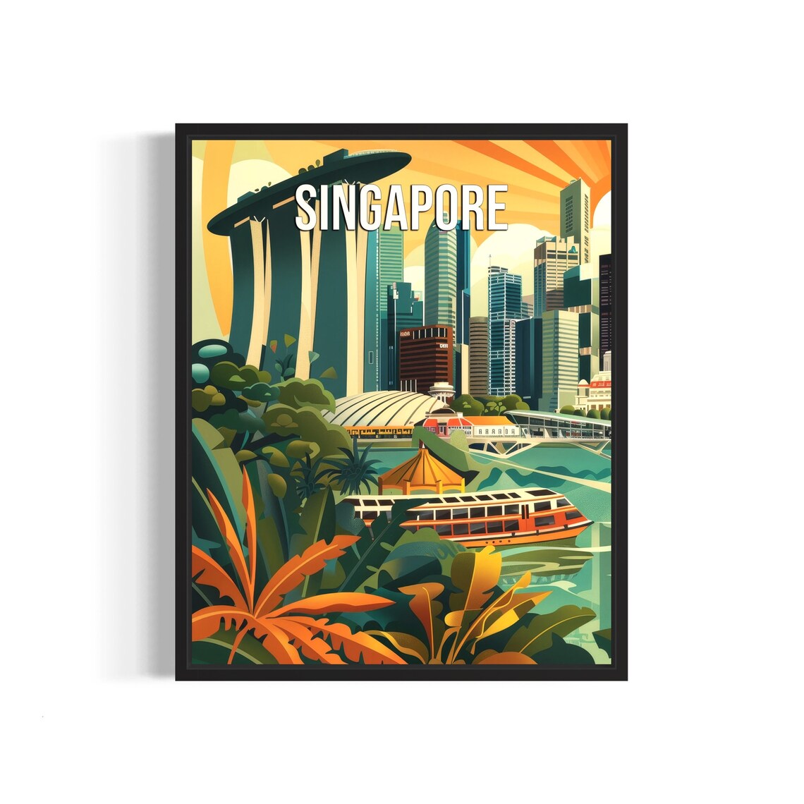 Singapore City Skyline Marina Bay Sunset Retro Travel Poster
