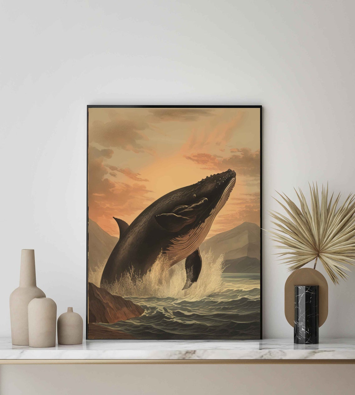 Breaching Humpback Whale at Sunset Dramatic Vintage Ocean Poster - Image 2