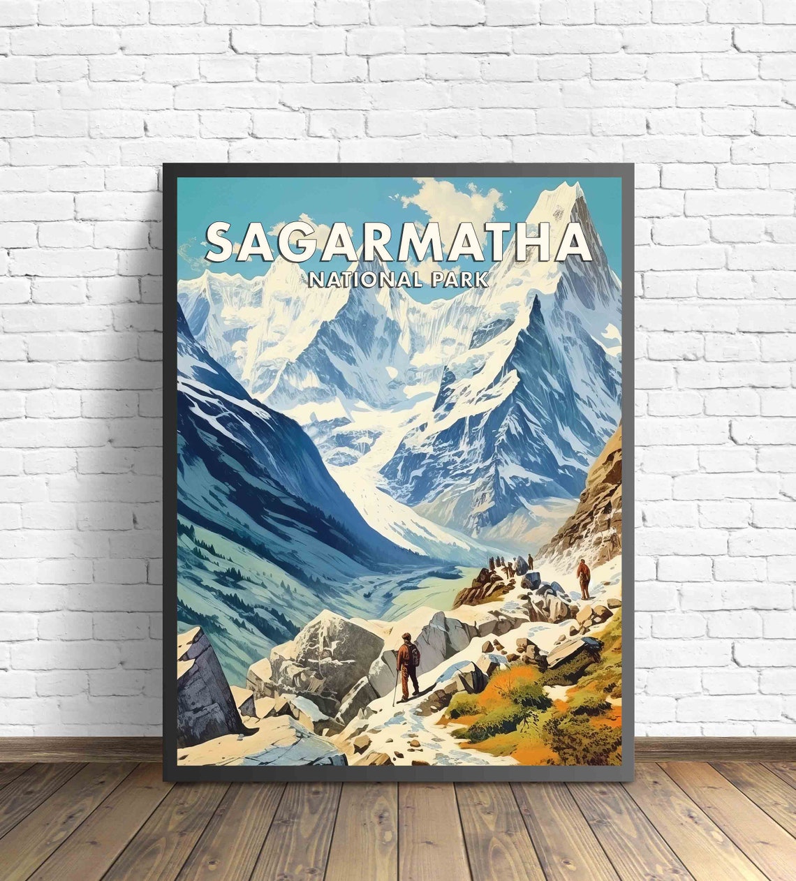 Sagarmatha National Park Snowy Peaks Trekkers Vintage Travel Poster - Image 2