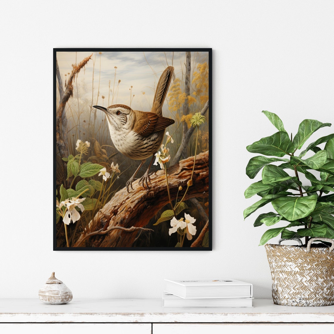 Bewicks Wren Perched on a Log Among White Wildflowers Bird Poster - Image 2