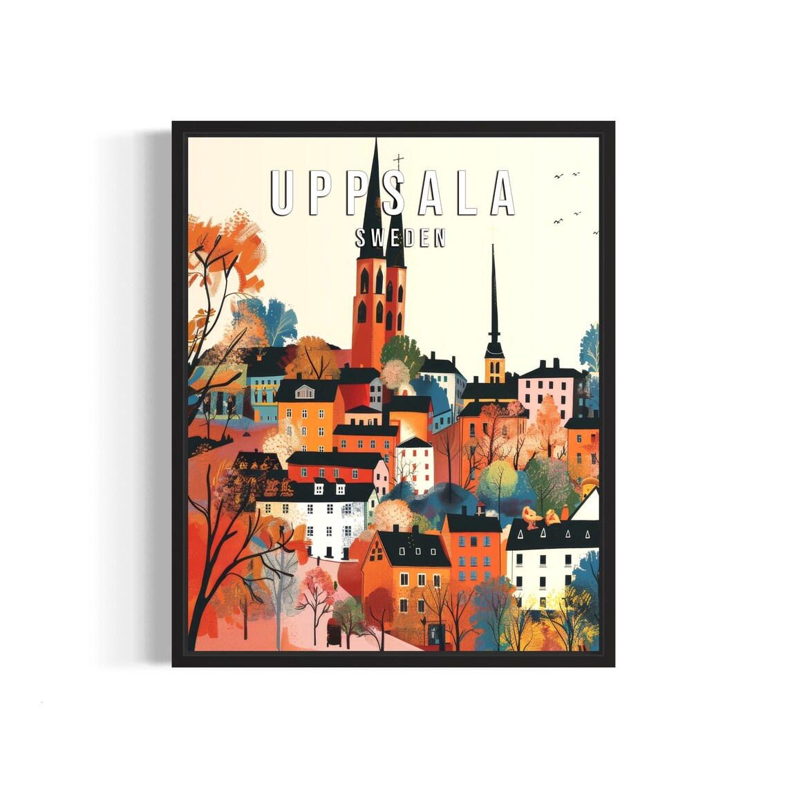 Uppsala Sweden Travel Poster with Cathedral Spires in Autumn Old Town
