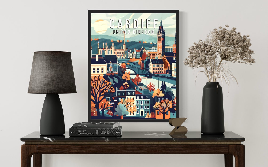 Cardiff United Kingdom Retro City Travel Poster with Clock Tower - Image 2
