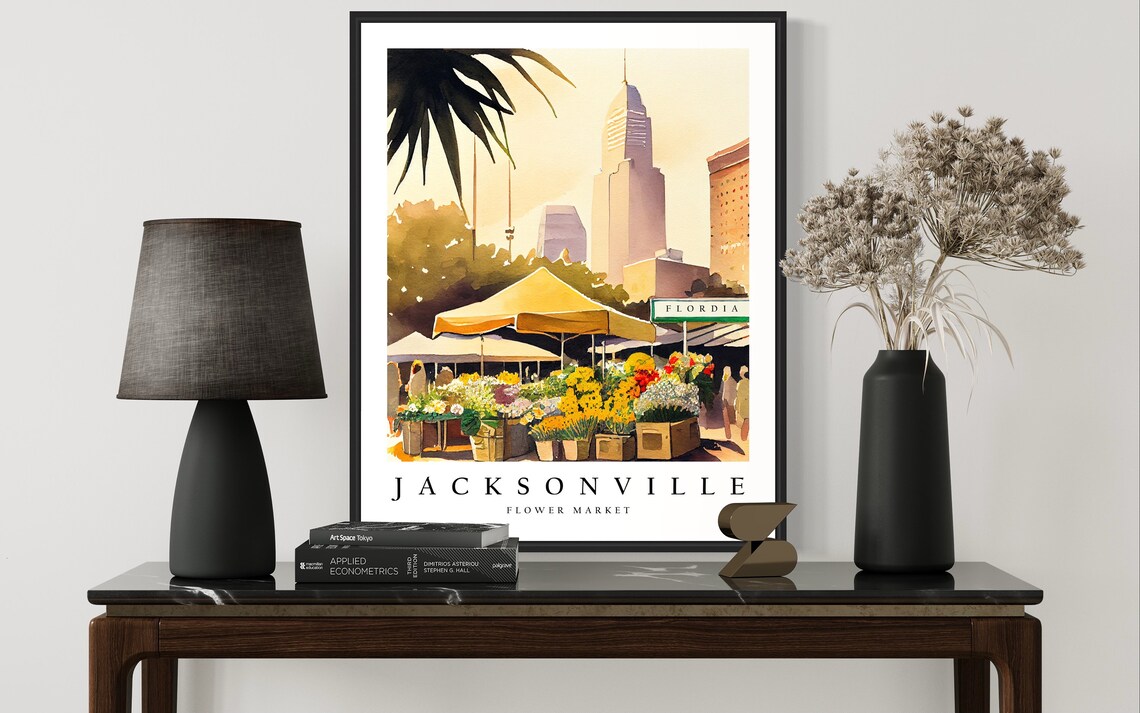 Jacksonville Florida Flower Market Watercolor City Skyline Wall Art - Image 2