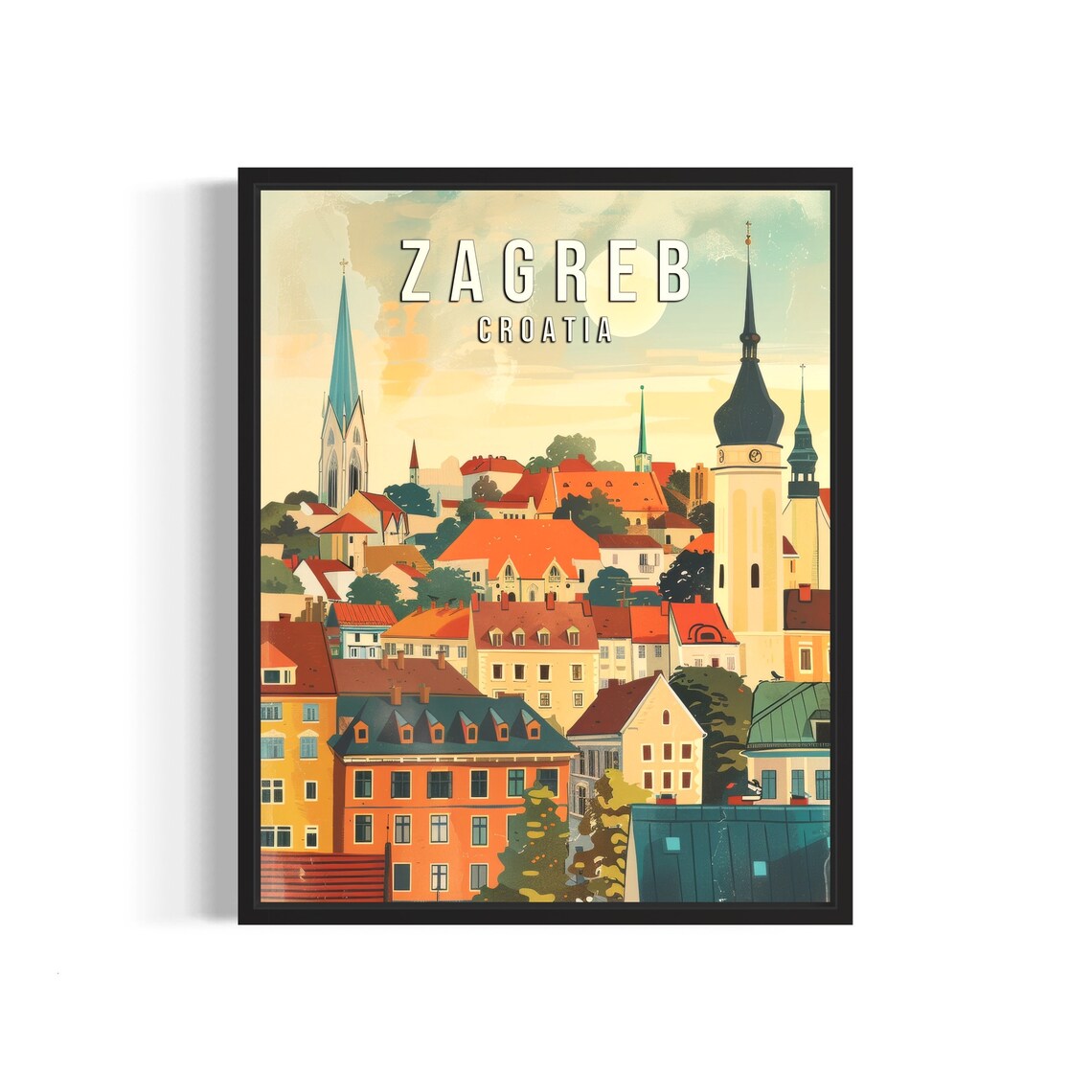 Zagreb Croatia Cathedral Twin Spires Red Rooftops Retro Travel Poster