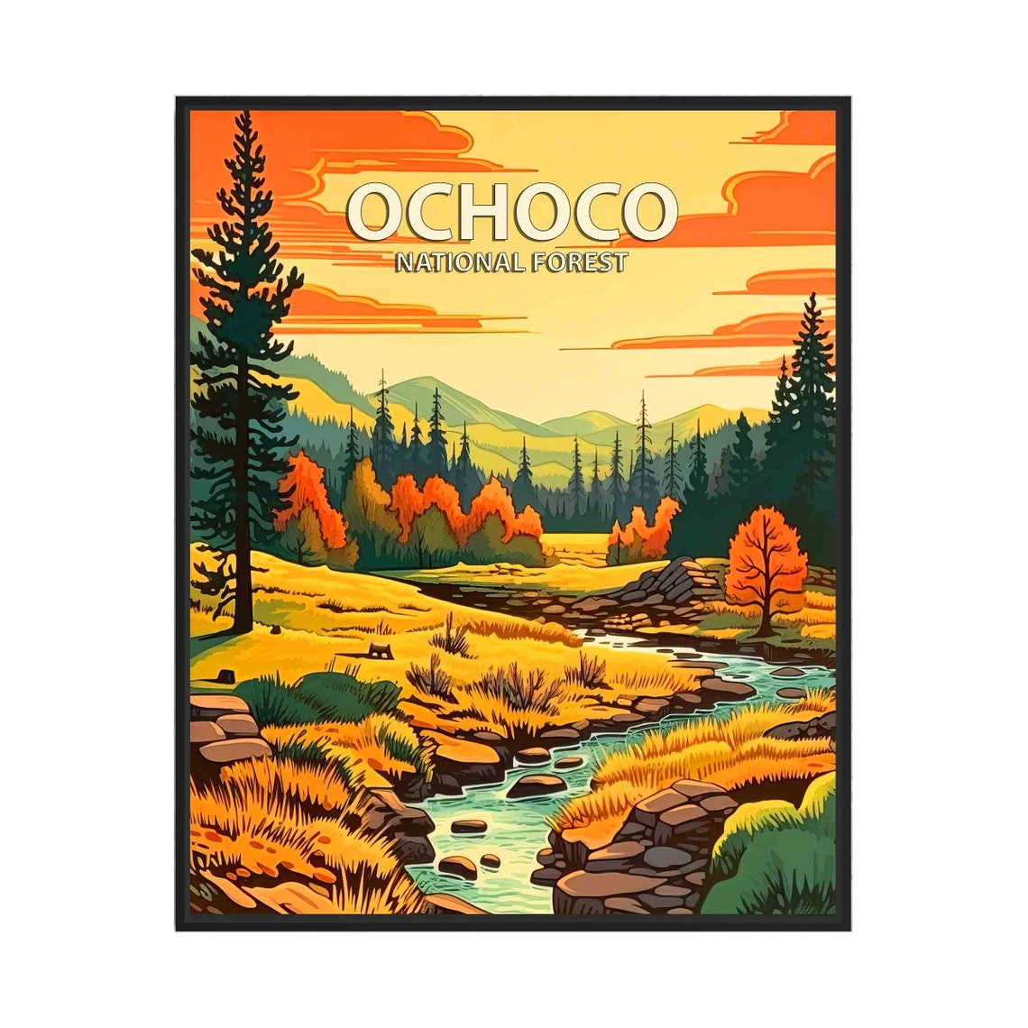 Ochoco National Forest Sunset Meadow Stream Retro Landscape Poster