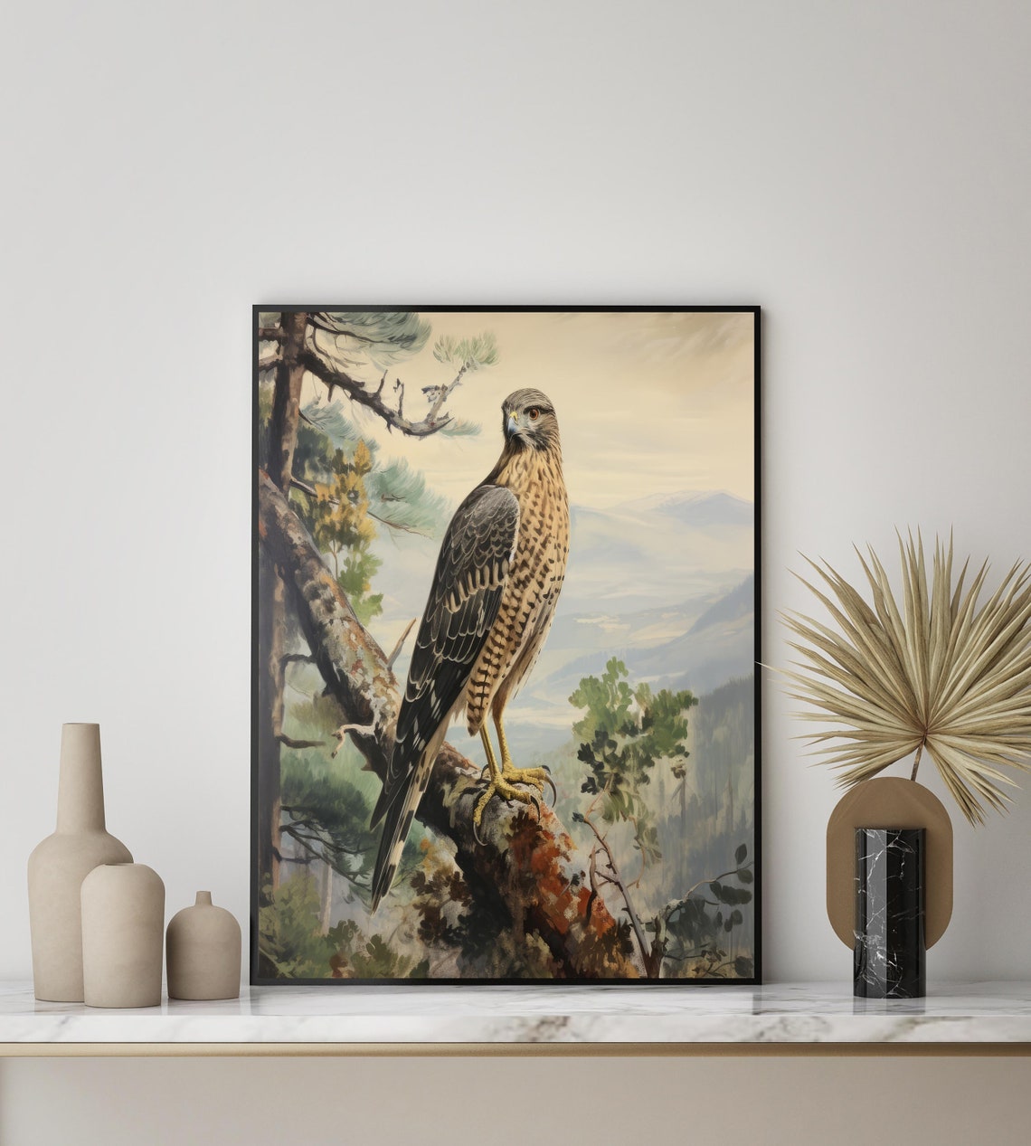 Regal Cooper's Hawk Perched on a Pine Branch in a Vintage Style Poster - Image 3