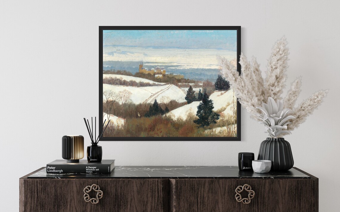Snowy Hillside Castle in Winter Vintage Landscape Painting Poster - Image 2