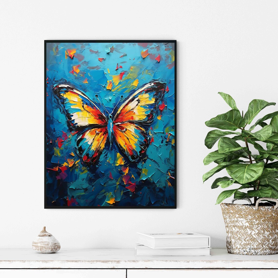 Orange Yellow Butterfly on Blue Textured Oil Painting Poster - Image 3