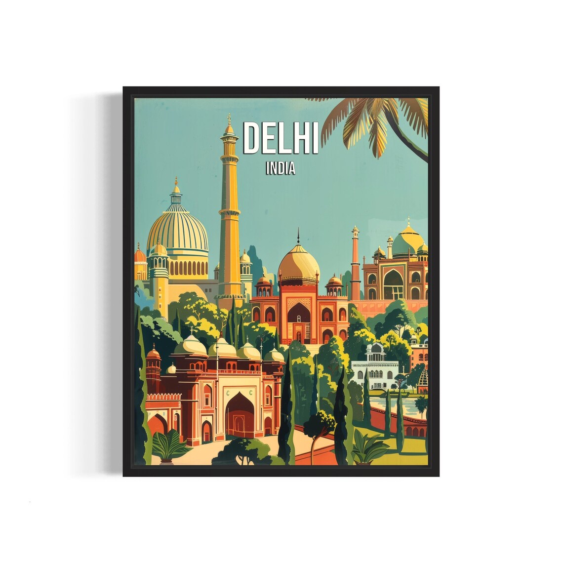 Delhi India Vintage Travel Poster with Grand Domes and Minarets