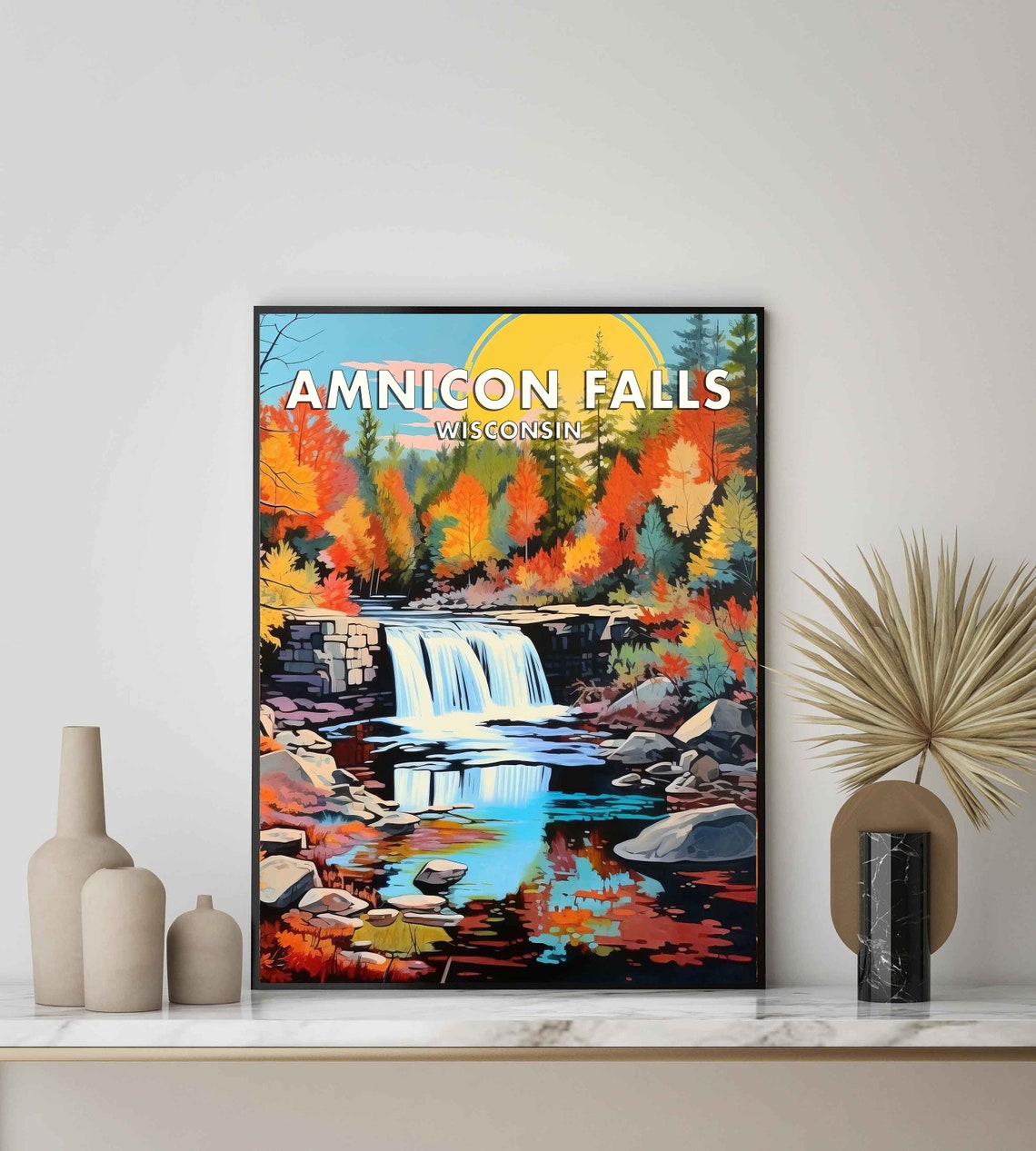 Amnicon Falls Wisconsin Autumn Waterfall Reflection Travel Poster - Image 2