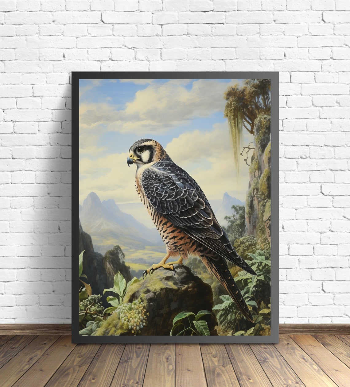 Lanner Falcon on a Mossy Rock in a Tropical Landscape Bird Poster - Image 2