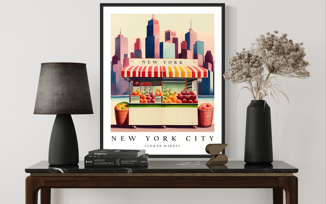 New York City Flower Market Watercolor Painting New York City Botanical Skyline Background Wall Art Poster Print - Image 2