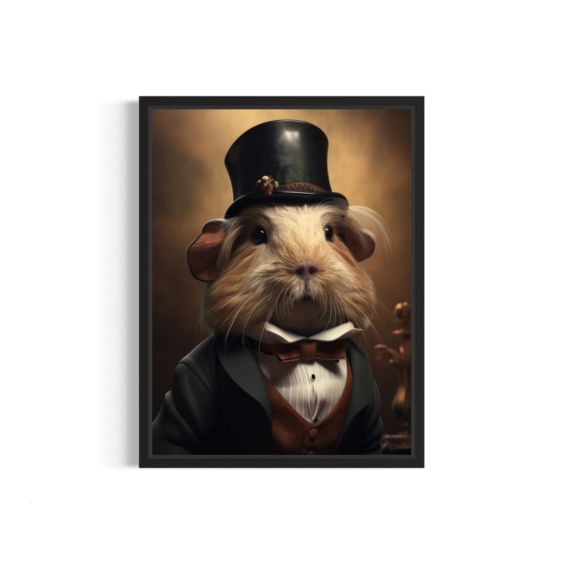 Guinea Pig Gentleman in Top Hat Bow Tie Animal Portrait Print