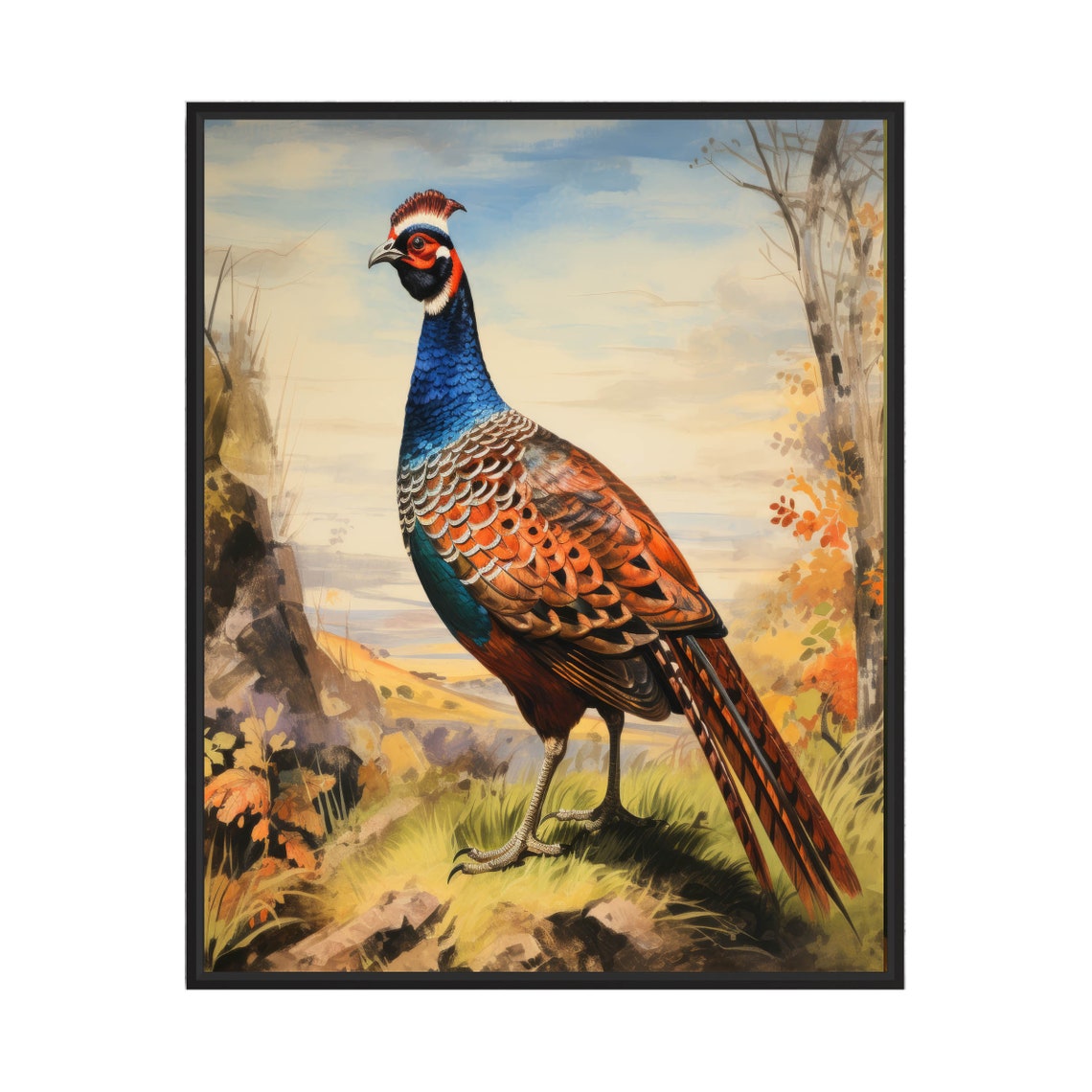 Ring Necked Pheasant in the Wild Meadow Vintage Bird Art Poster