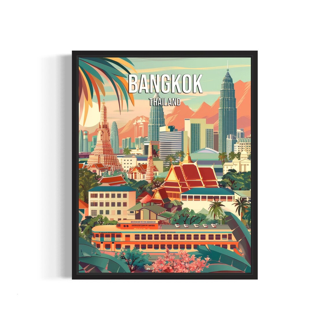 Bangkok Thailand Cityscape Poster with Temples and Skyscrapers