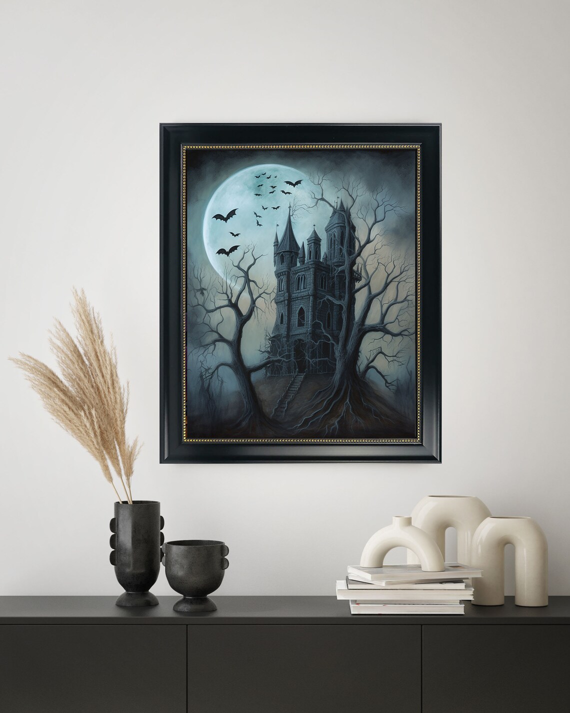 Spooky Haunted House Full Moon Bats Gothic Horror Art Poster - Image 3