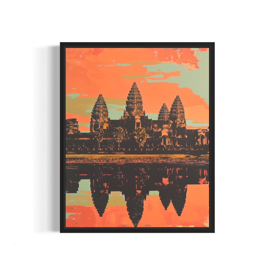 Angkor Wat Cambodia Sunset Orange Temple Reflection Vintage Poster