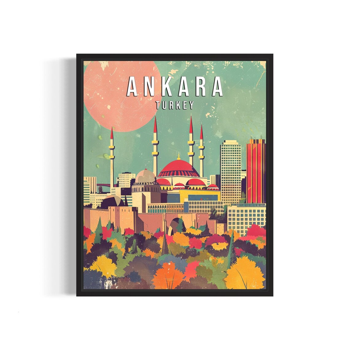 Ankara Turkey Vintage Grand Mosque Skyline Under Giant Sun Poster