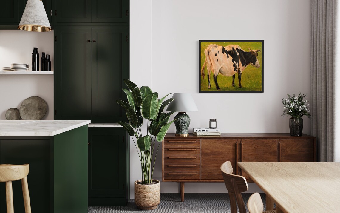 Spotted Cow Standing In Green Pasture Vintage Farm Animal Art Poster - Image 2