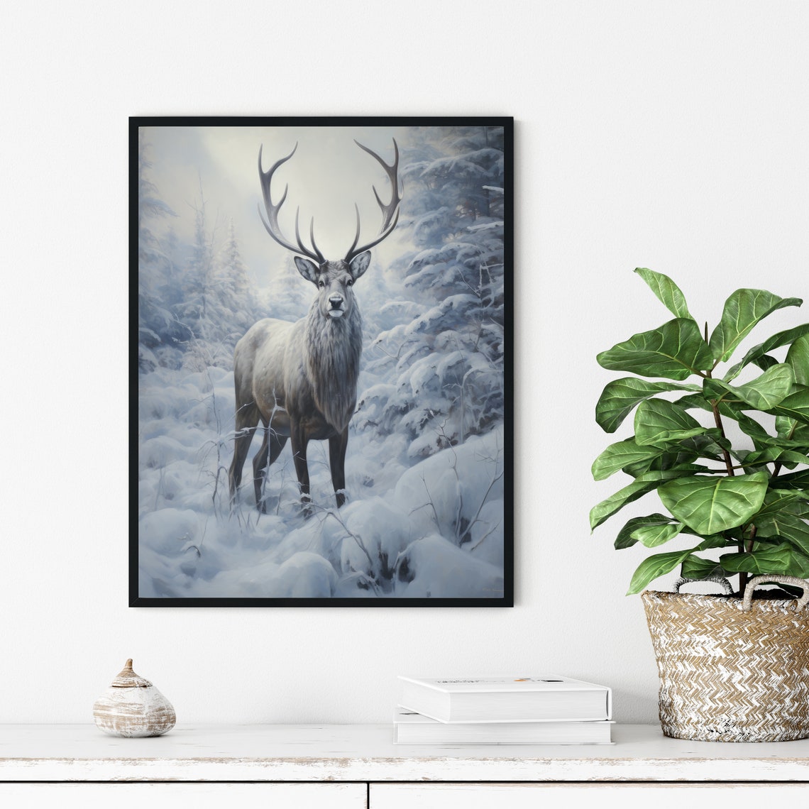 Majestic White Stag in Snowy Pine Forest Winter Wildlife Art Print - Image 3