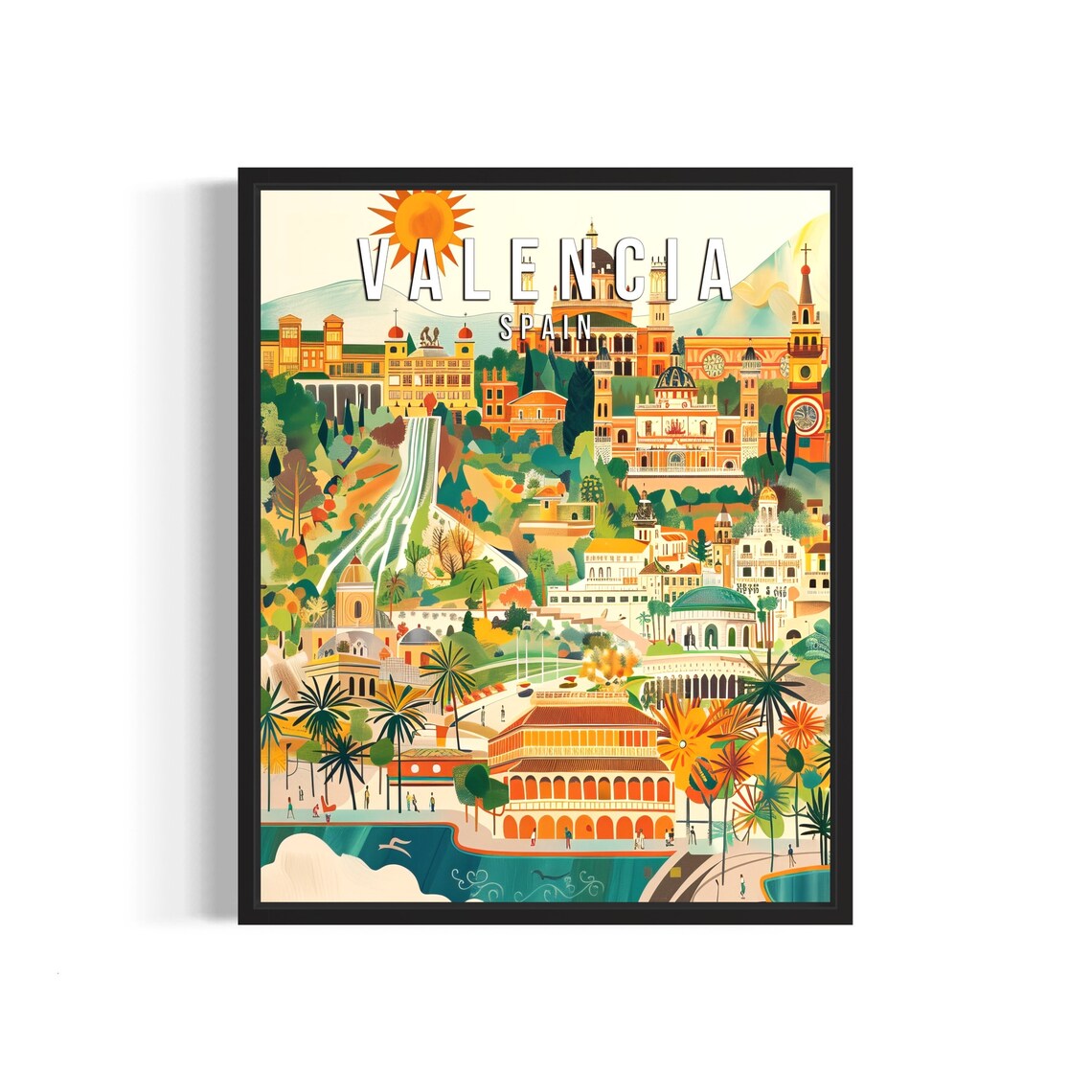 Valencia Spain Retro Cityscape Travel Poster With Sun and Landmarks
