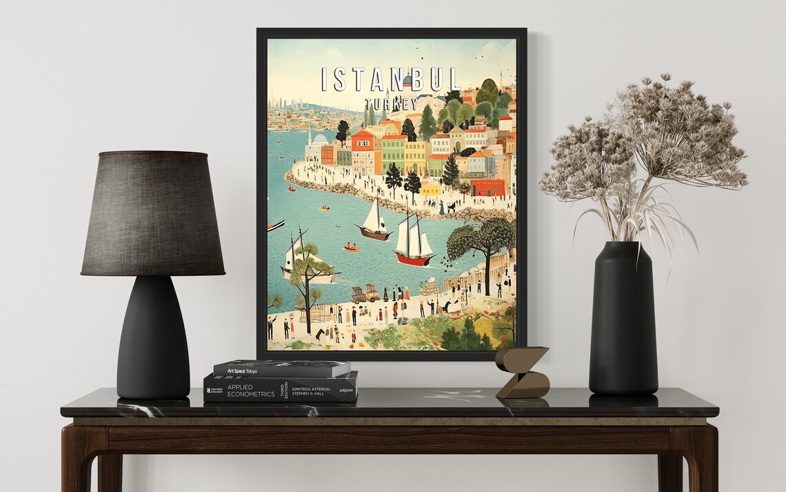 Istanbul Turkey Retro Waterfront Sailboats City Travel Art Poster - Image 3