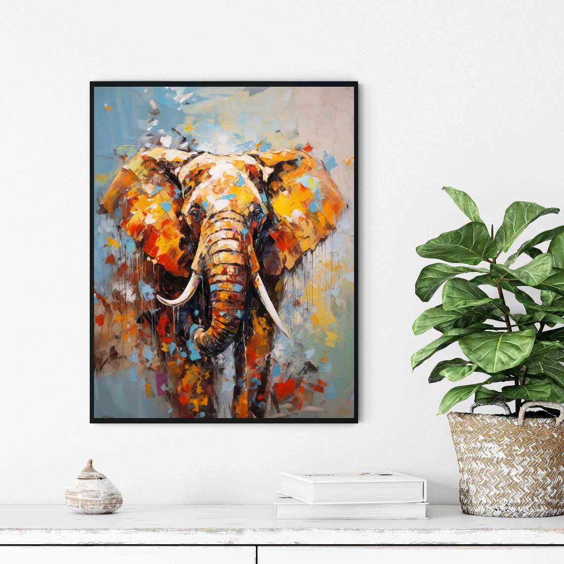 African Elephant Head Portrait Golden Palette Knife Art Poster - Image 3