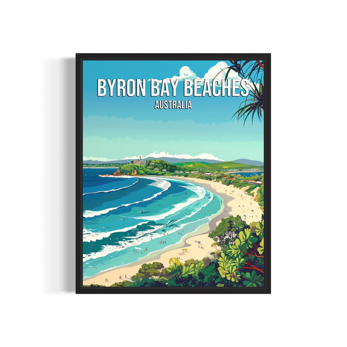 Byron Bay Beaches Aerial View of Surf and Lighthouse Headland Poster