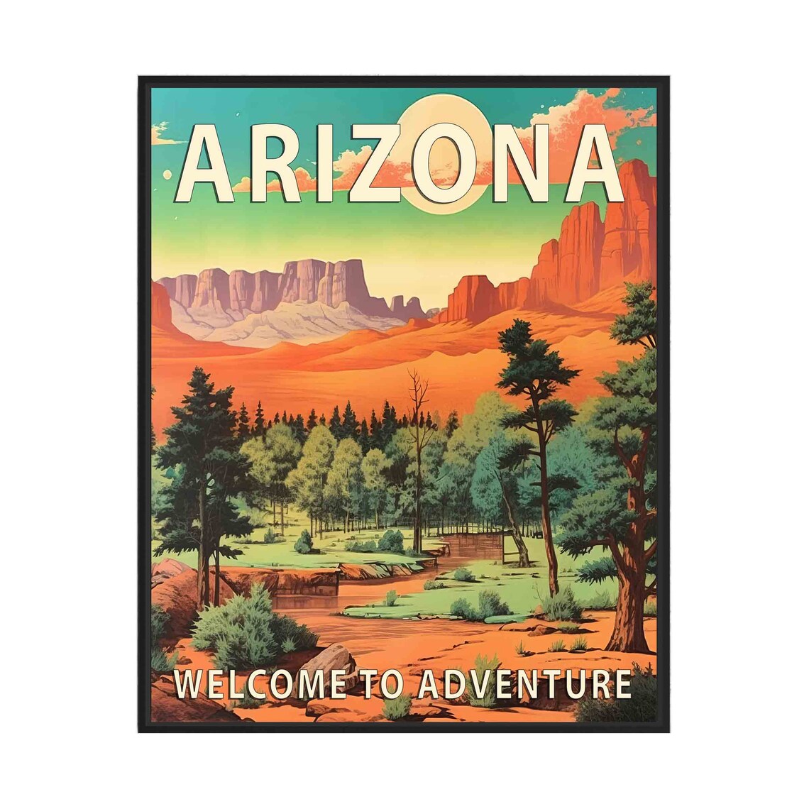 Arizona Red Rock Canyon Sunset Pines Vista Vintage Travel Poster