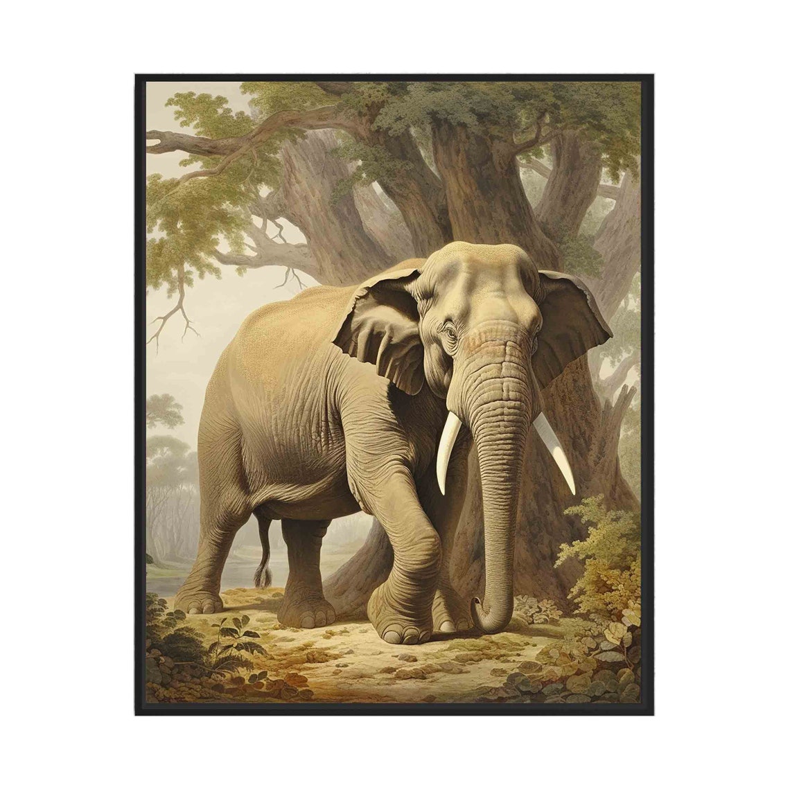 Elephant Beneath Ancient Trees Majestic Vintage Wildlife Art Poster