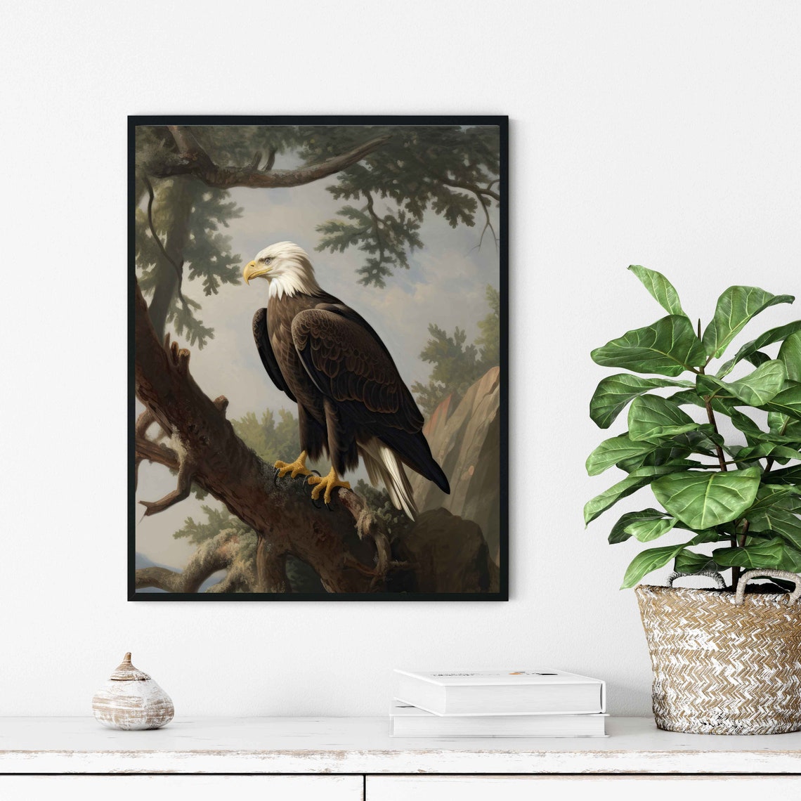 American Bald Eagle Perched Branch Vintage Style Raptor Wall Art - Image 3