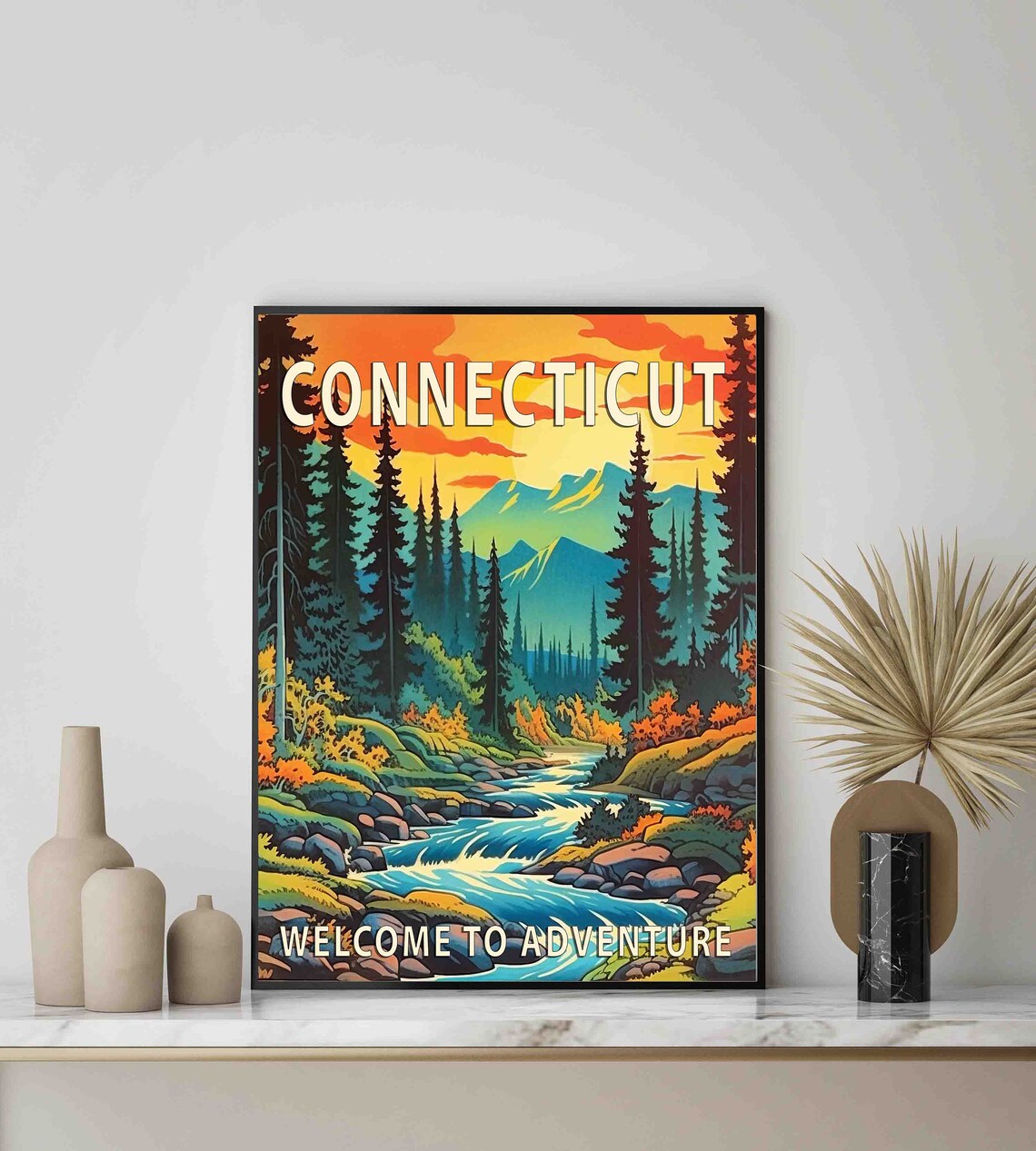 Connecticut Retro Forest River Sunset Welcome Adventure Travel Poster - Image 3