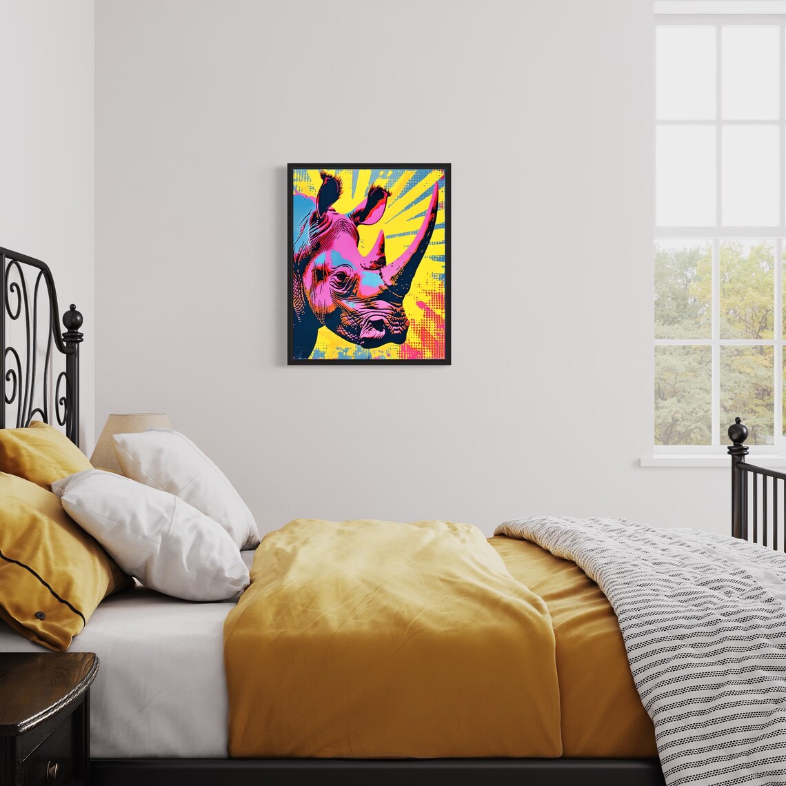 Rhino Neon Pop Art Portrait Against Yellow Sunburst Rays Poster - Image 3