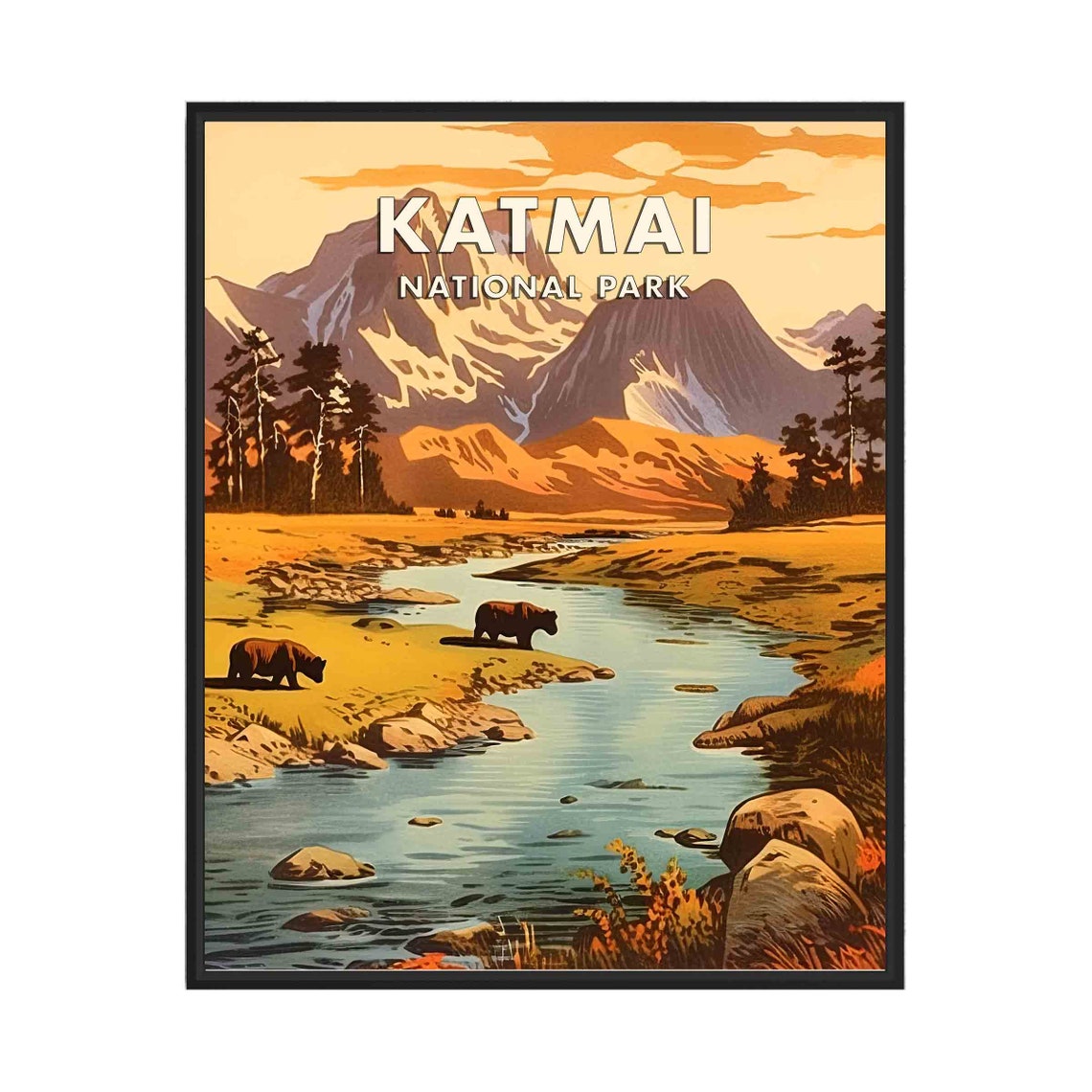 Katmai National Park Alaska Brown Bears By The River Retro Poster
