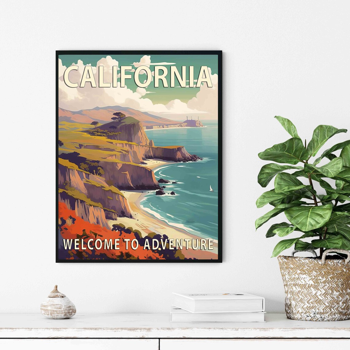California Pacific Coastline Cliffs Ocean Sunset Travel Poster - Image 2