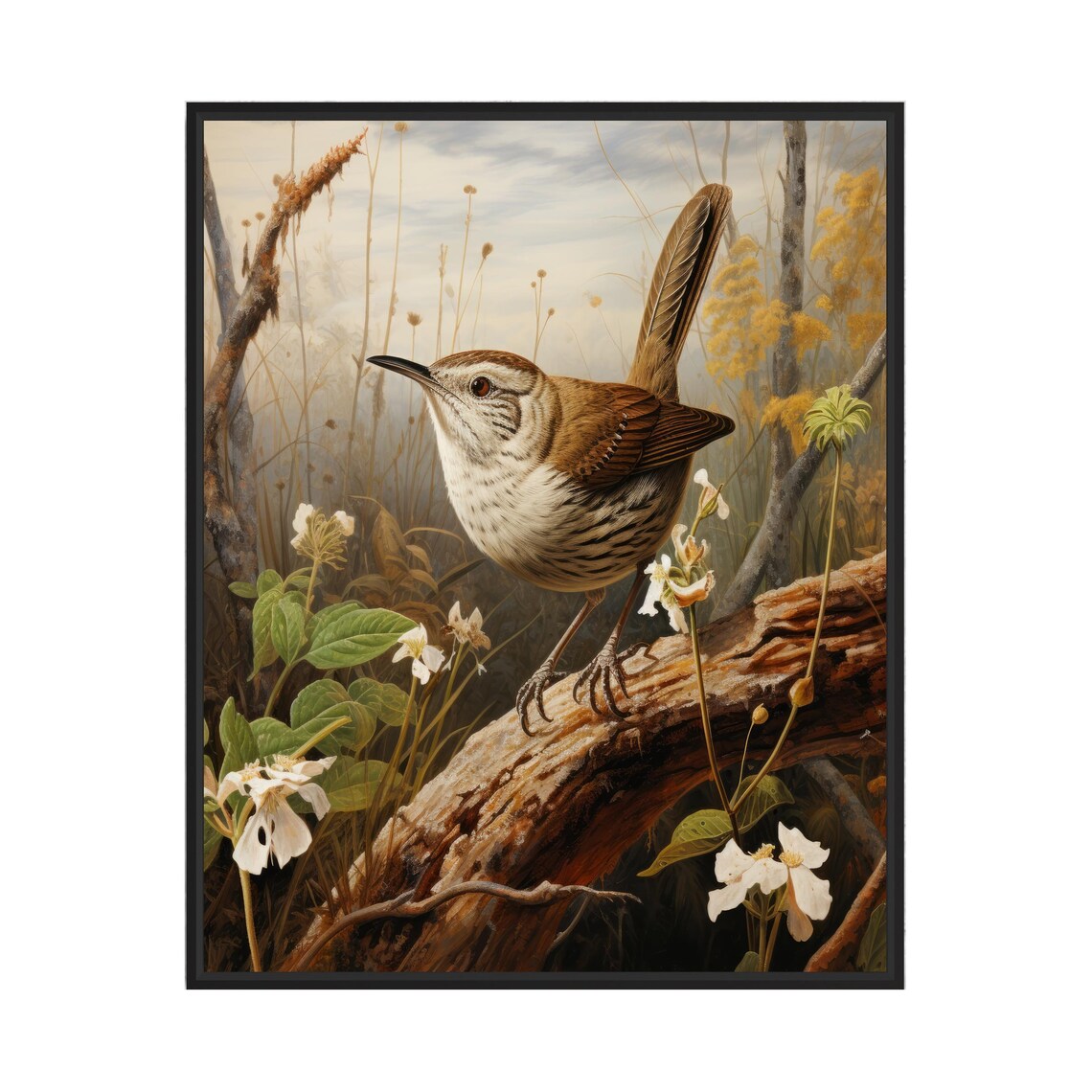Bewicks Wren Perched on a Log Among White Wildflowers Bird Poster