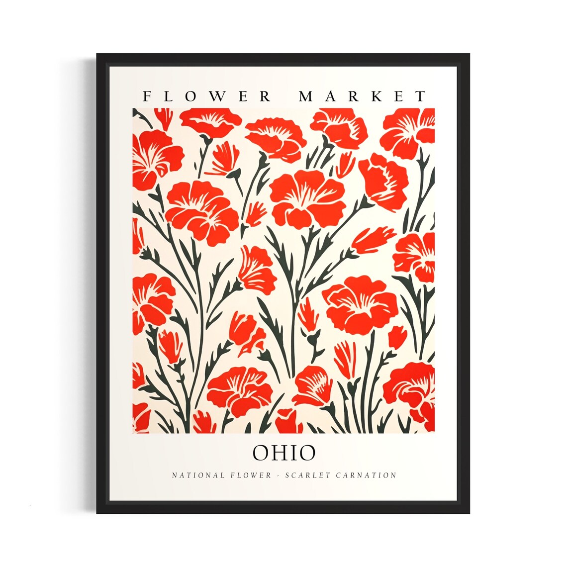 Ohio Scarlet Carnation Flower Market Vintage Botanical Art Poster