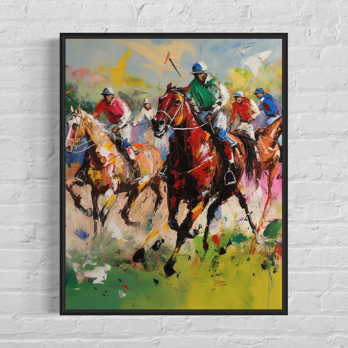 Polo Players on Horseback in Action Colorful Painting Poster