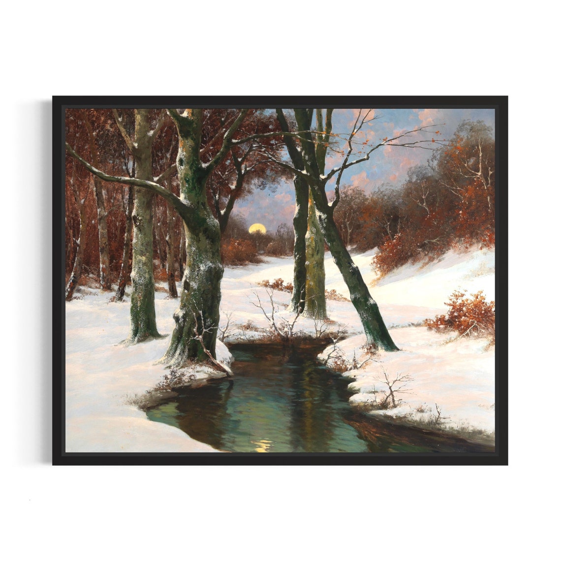 Moonlit Winter Forest Stream Vintage Snowy Landscape Painting Poster