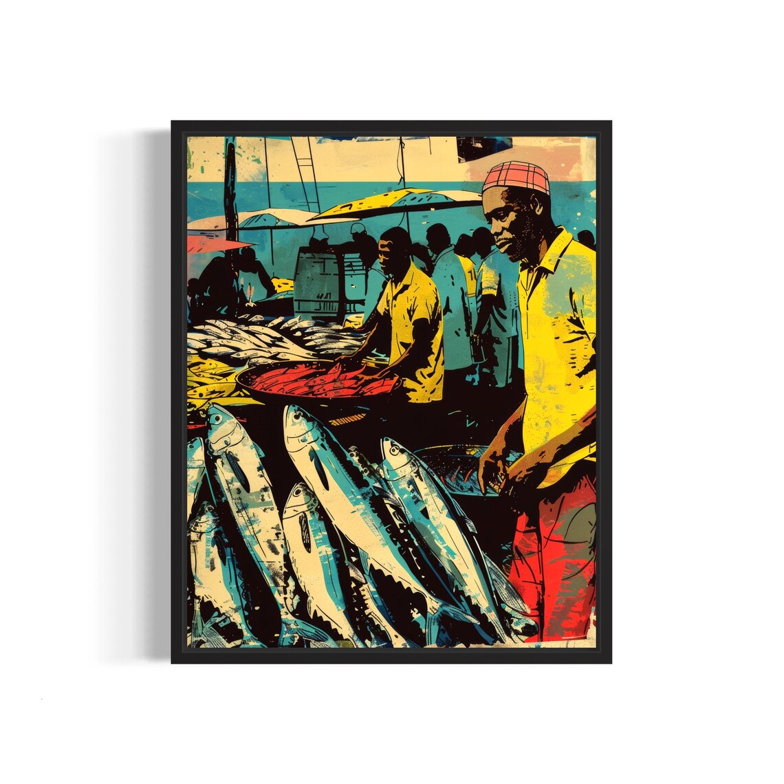 African Fish Market Bustling Coastal Street Scene Art Poster