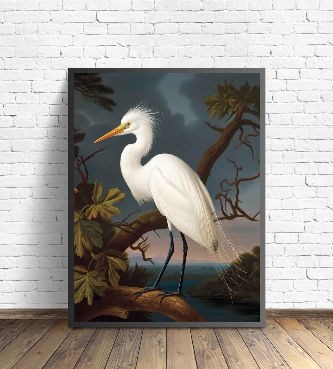 Great Egret White Heron Branch Poster Vintage Bird Painting Nature Art
