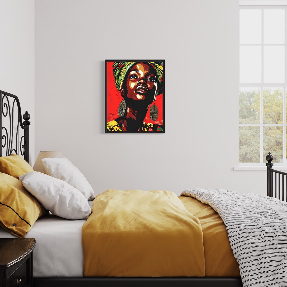 African Woman In Colorful Headwrap Against Red Pop Art Poster - Image 3