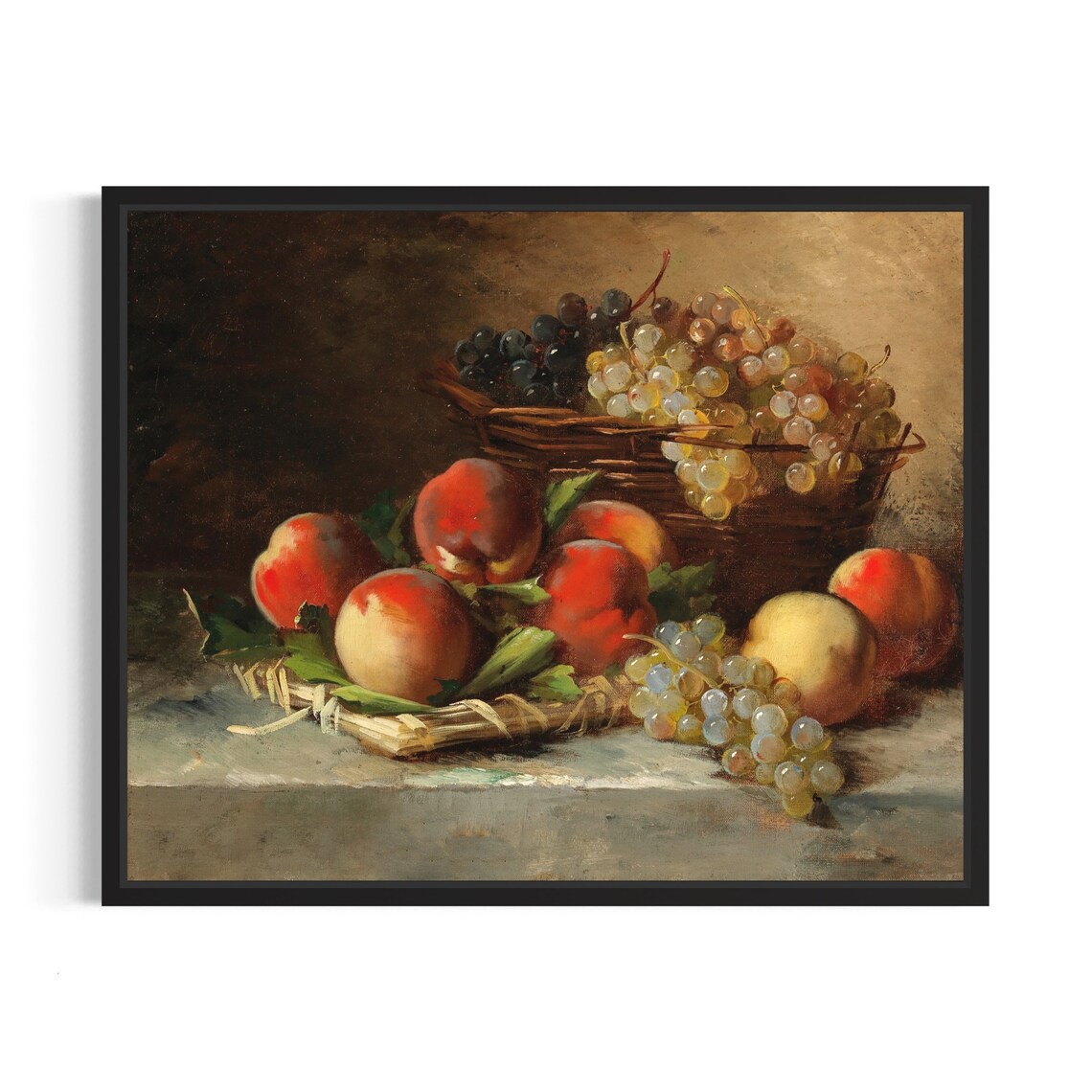 Fruit Still Life Basket Of Grapes Peaches Pears Vintage Art Poster