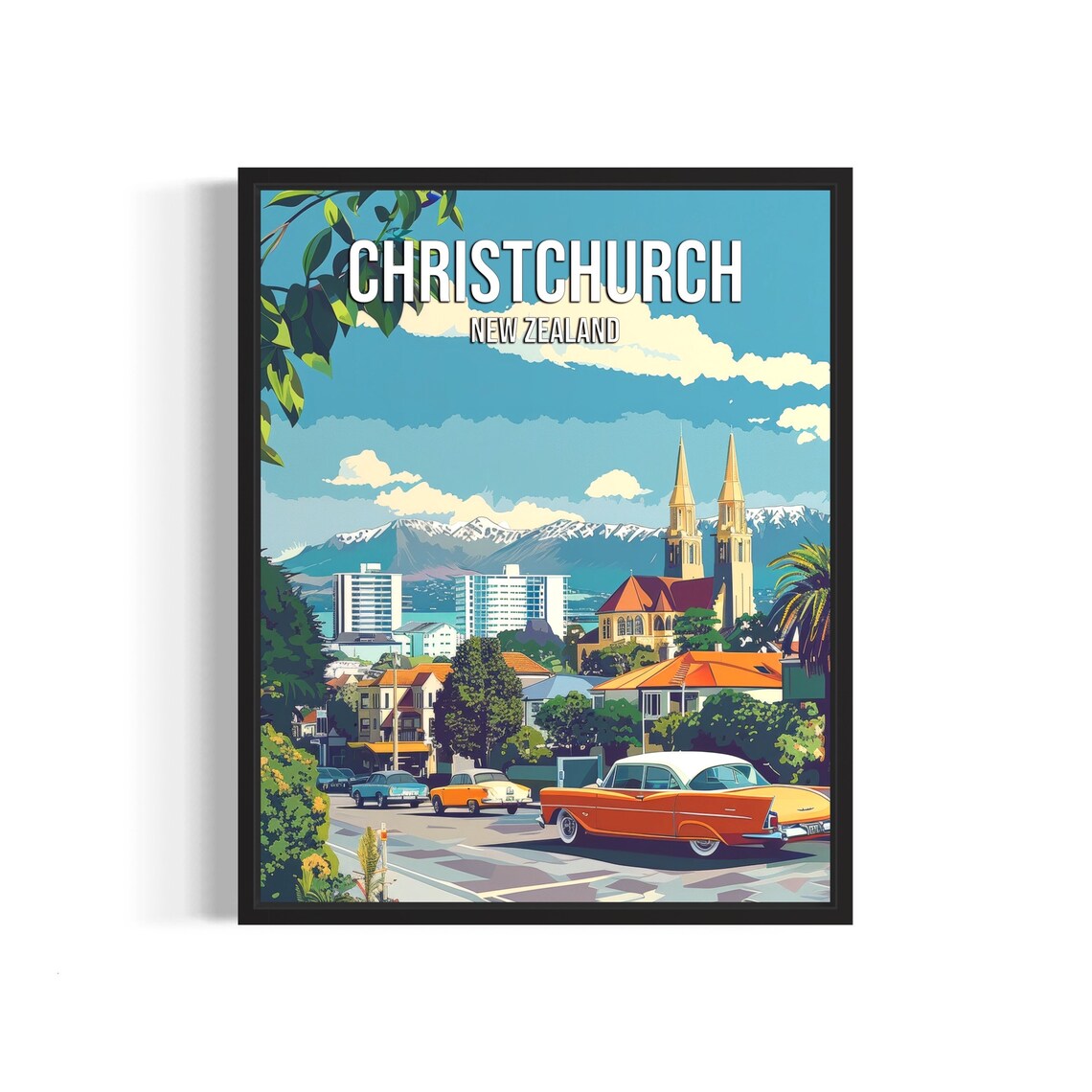 Christchurch New Zealand Street With Vintage Cars and Mountains Poster