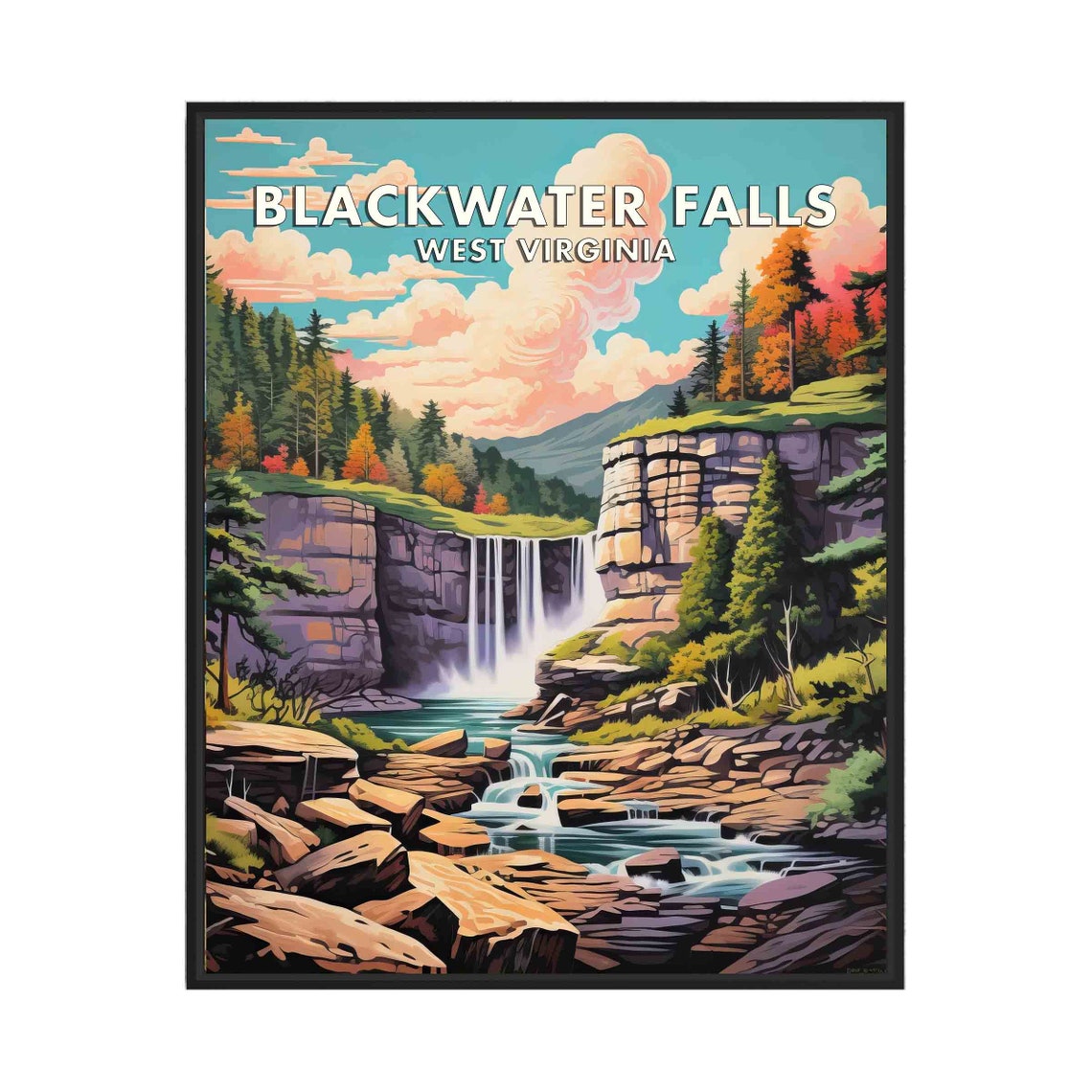 Blackwater Falls West Virginia Waterfall Between Cliffs Retro Poster