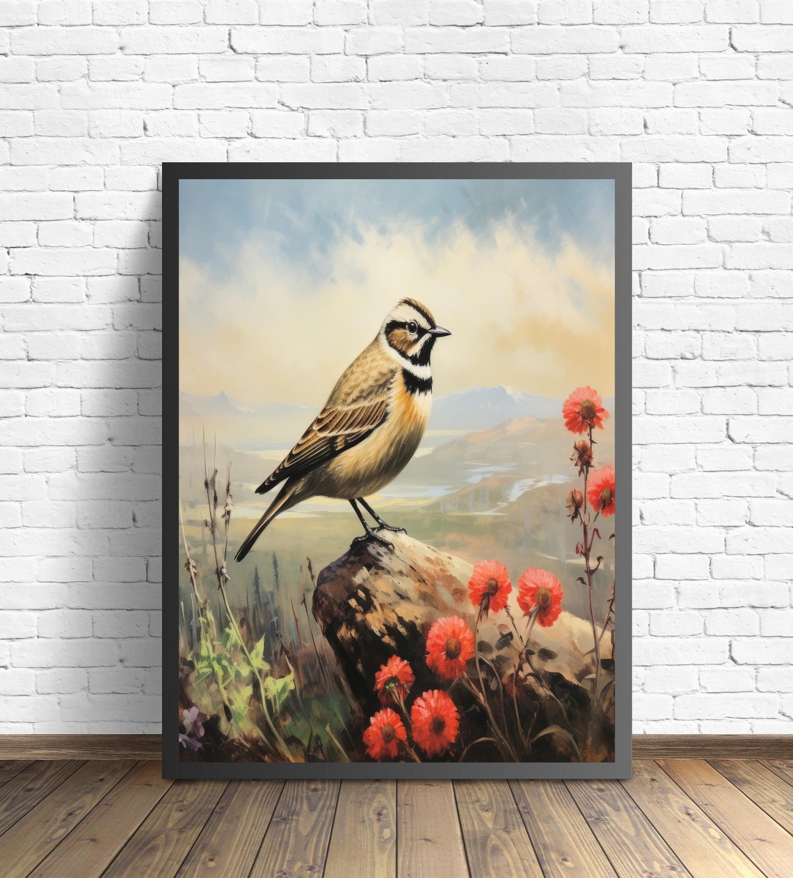 Horned Lark Perched on a Rock With Red Wildflowers Vintage Poster - Image 3