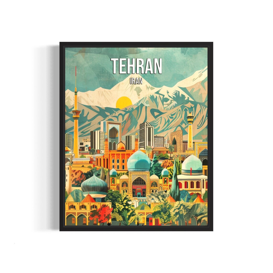 Golden Tehran Iran Retro Skyline Mosques Mountains Travel Poster