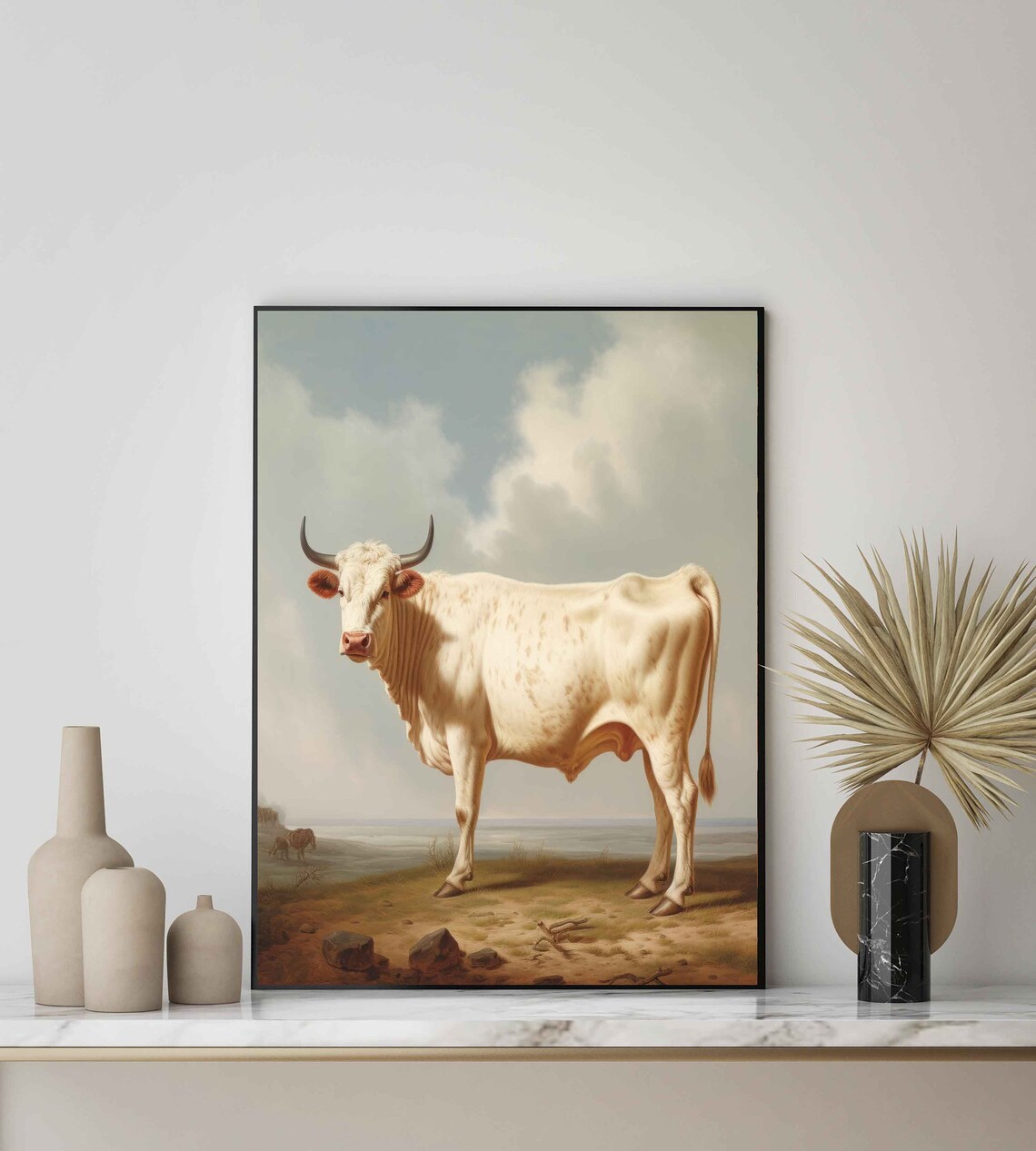 White Bull in Open Pasture Dignified Vintage Farm Animal Art Poster - Image 2